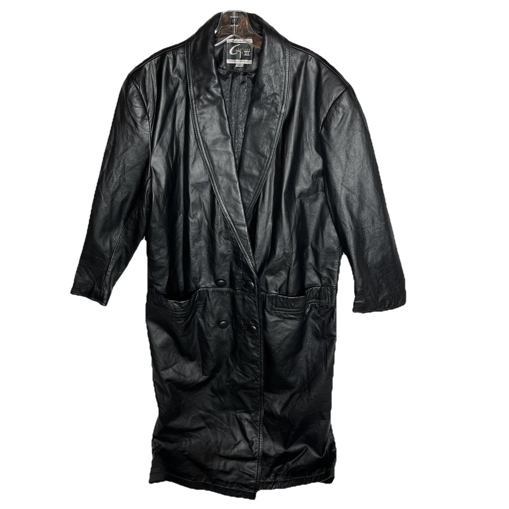 Vintage Global Identity Black Leather Trench Coat Double Breasted Women's M Vamp